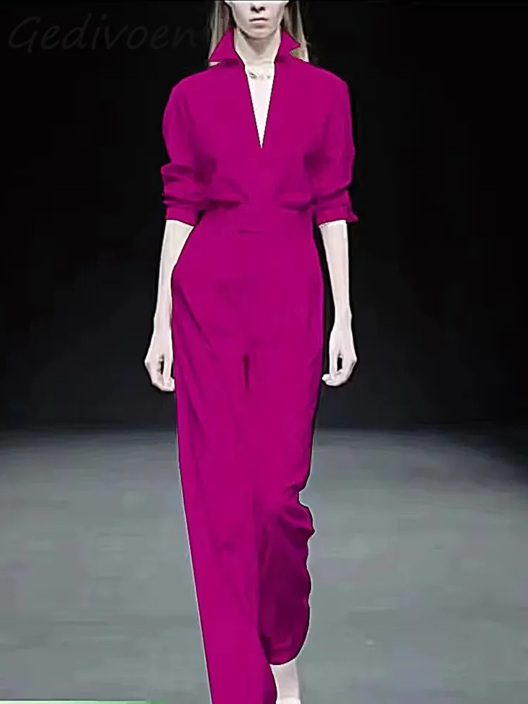 

Gedivoen Spring Fashion Runway Rose Red Vintage Pant Set Women Long Sleeve Slim Top+Elastic Waist Straight Trousers 2 Pieces Set