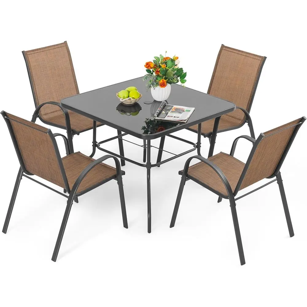 Metal Outdoor Patio Dining Set with 4 Stackable Chairs, 31.5 Square Table and Umbrella Hole, Suitable for Lawn, Balcony, Garden,