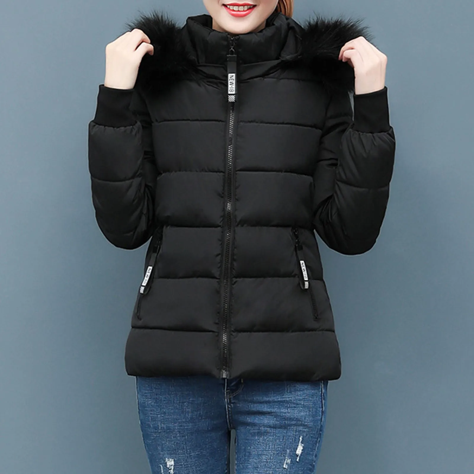 Pink Winter Cotton Puffer Coat Women Fluffy Hooded Zipper Thick Outerwear Lapel Windproof Warm Long Sleeve Down Jacket Fit Coats