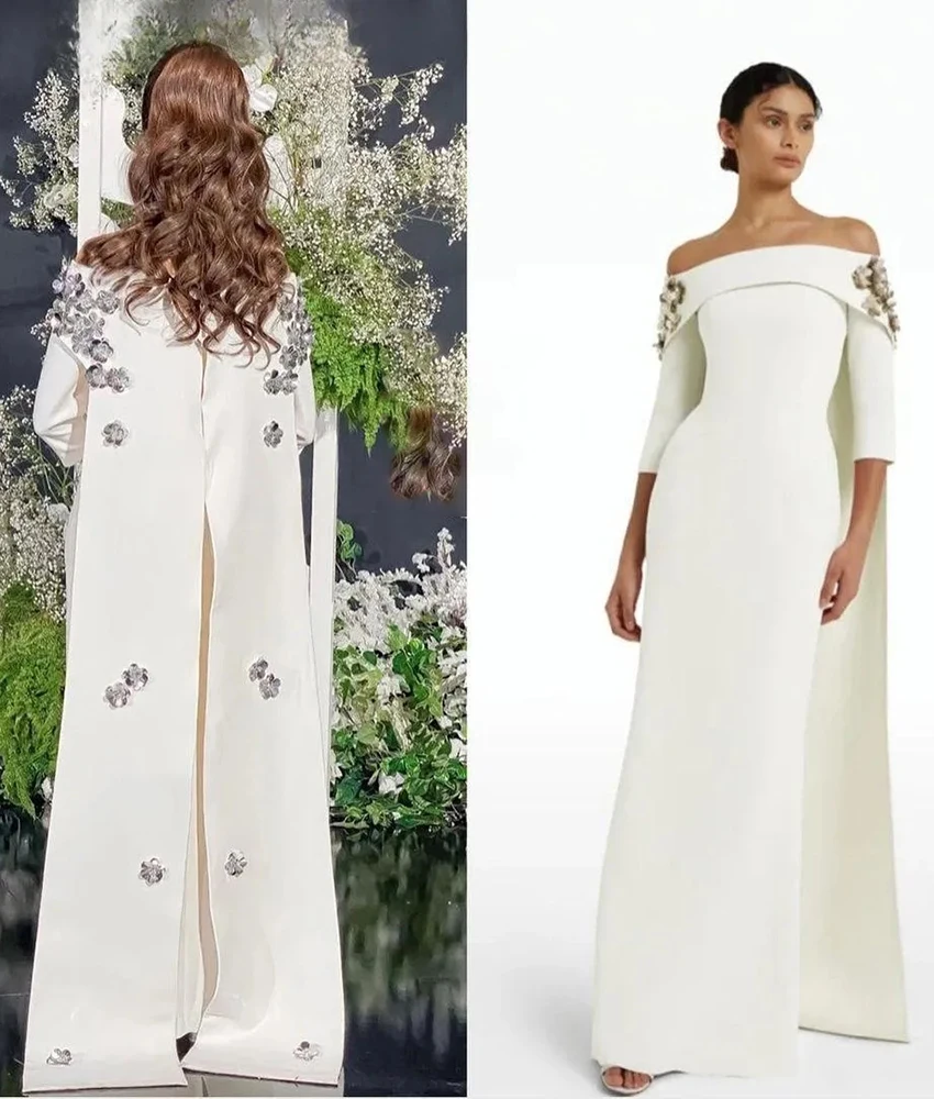 

Customized Fashion Jersey Straight Flowers Sequined Off the Shoulder Evening Dress Temperament Long Sleeves Celebrity Gowns