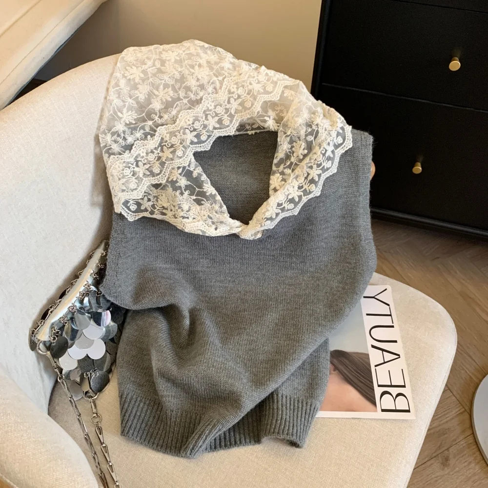 

Lace Hooded Knitted Vest for Women Autumn Winter New Sleeveless Warm Sweaters Korean Elastic Slim Pullover Versatile Waistcoat