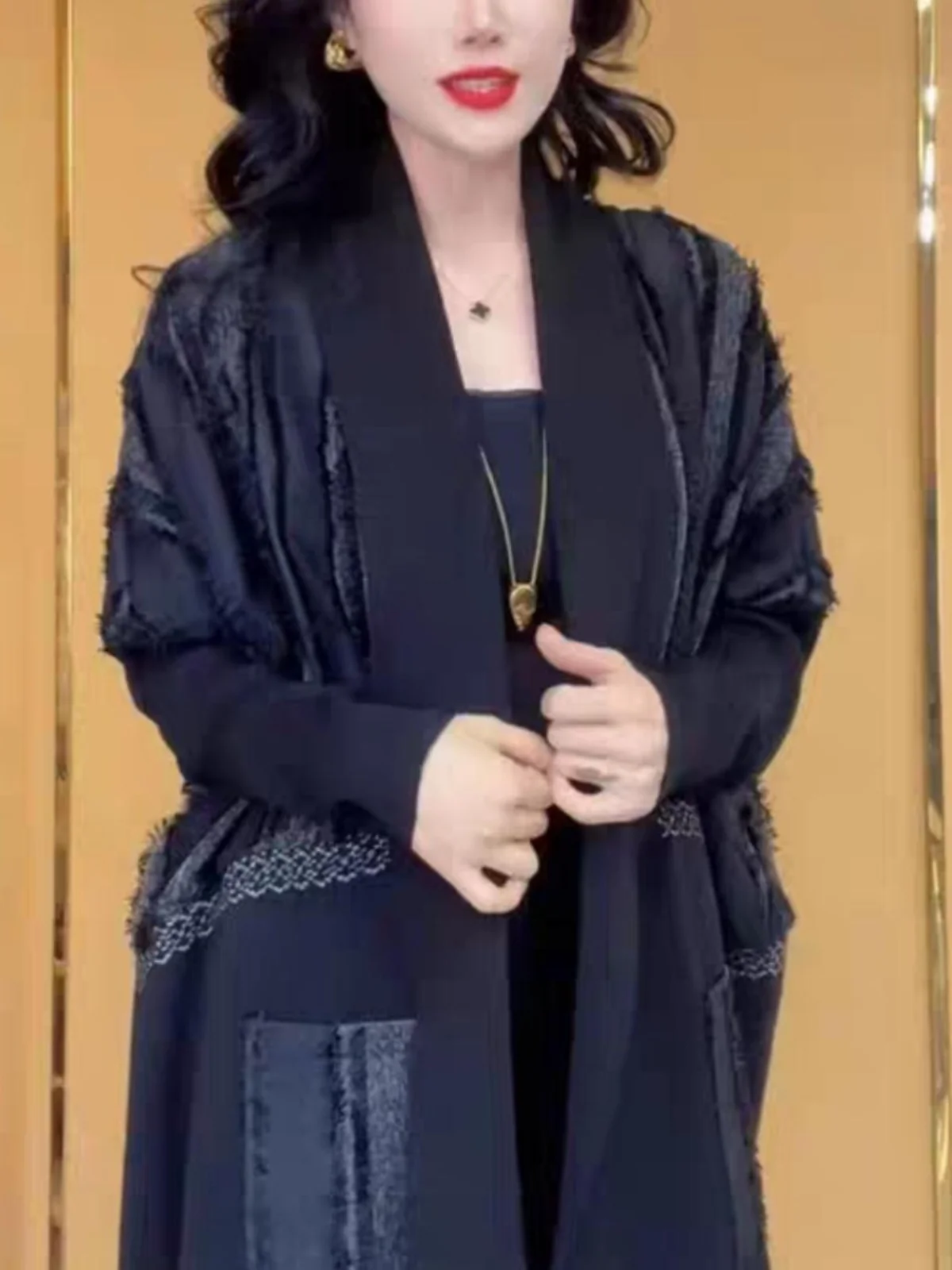 

Весенне-осенний вязаный кардиган с рукавами «летучая мышь», элегантный, удлиненный, для полных женщин, с цветовыми блоками, свободного кроя, стройнящий, для мам