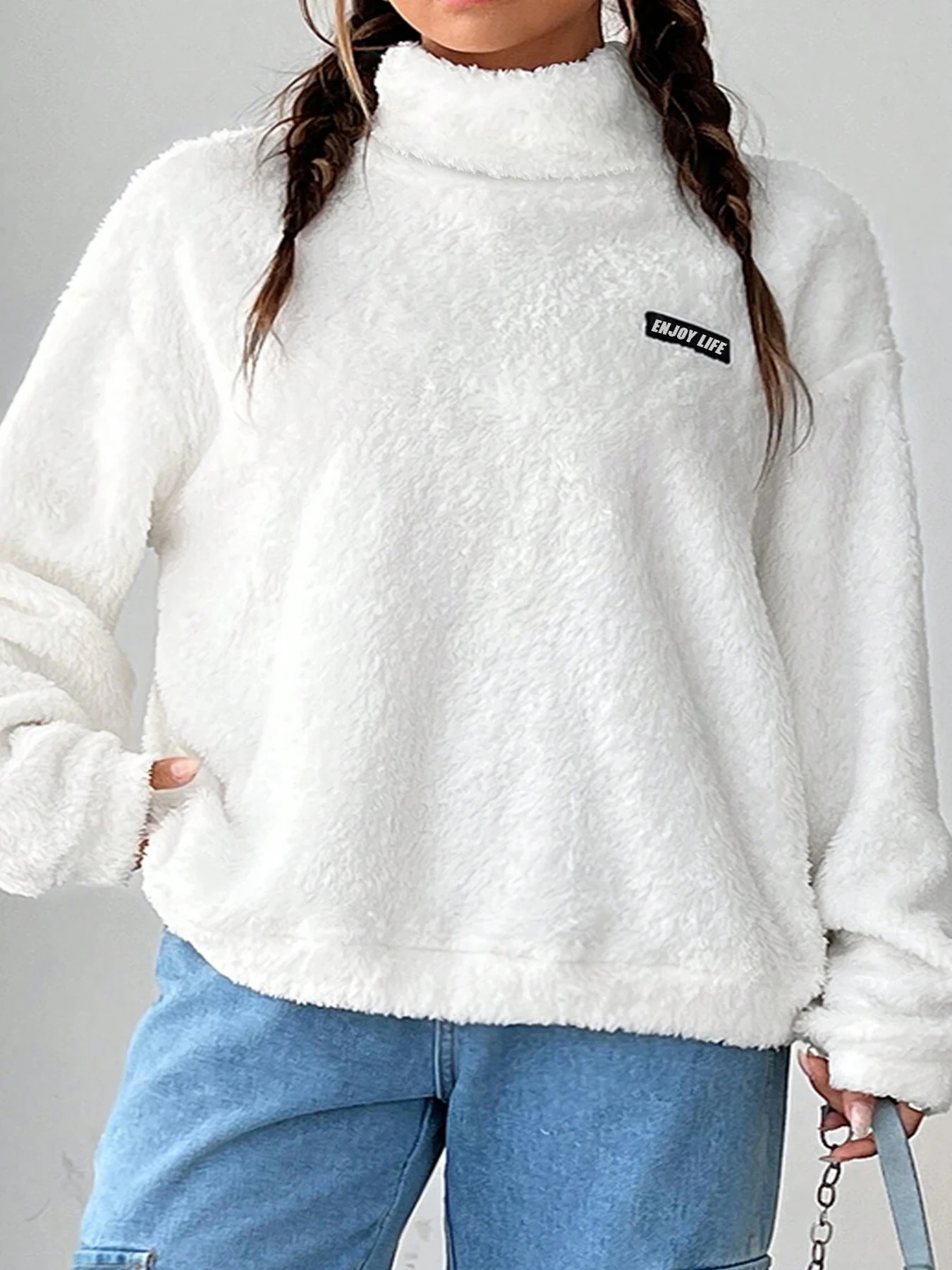 Sudadera de felpa parcheada para mujer, jersey informal de manga larga con hombros caídos y cuello de tortuga para Otoño e Invierno, ropa cómoda