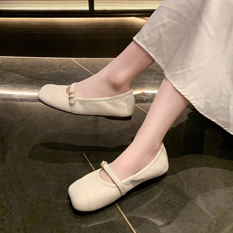 2024 High Quality Women's Shoes Solid Color Fashion Color Matching Square Toe Shallow Mouth Slip-on Buckle Women's Flat Shoes