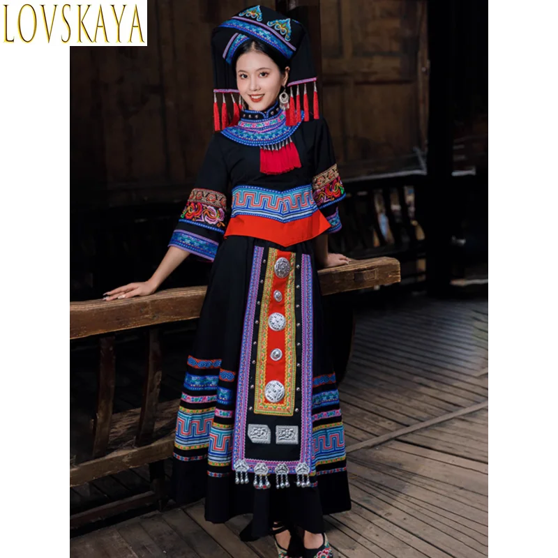 New Zhuang clothing for adult dance performances, women's long skirts, ethnic minority clothing