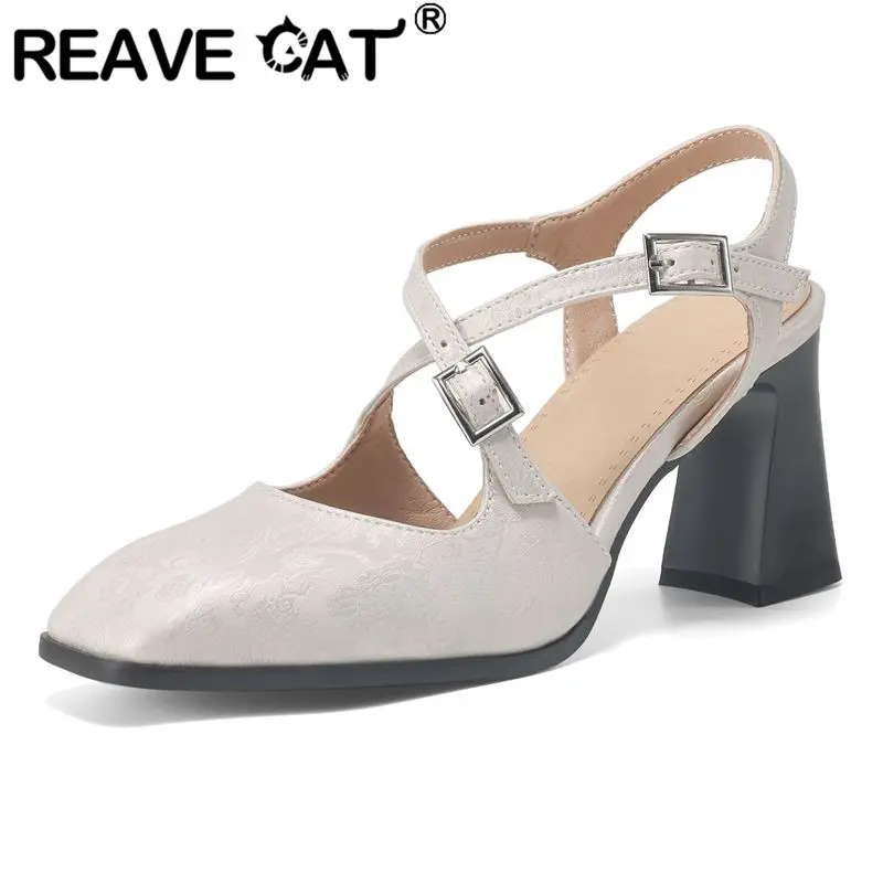 REAVE CAT 2025 Sandalias femeninas de diseño a la moda con punta cuadrada y tacón alto con hebilla y correa de talla grande 41 42 43 zapatos sexis para citas y fiestas