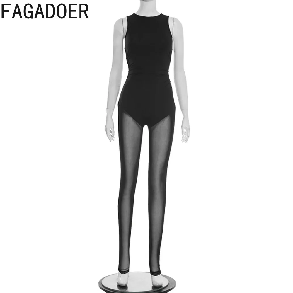FAGADOER Sexy Mesh See Through Bodycon Jumpsuits Woman Solid Color Sleeveless One Piece Rompers Female Streetwear Overalls New