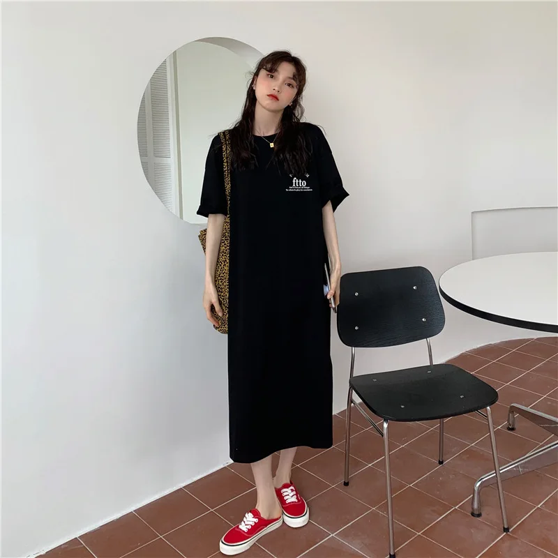 Fashionable Loose Women's Dress Korean Round Neck Simple Slit Over-knee Letters T-shirt Skirt Lazy Style Summer Long Dress 2025