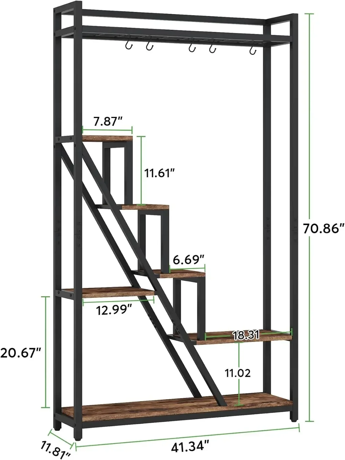 Tall Indoor Plant Stand, 7-Tier Large Plant Shelf with 5 S-Hooks, Industrial Wood Flower Stand Display Rack for Indoor