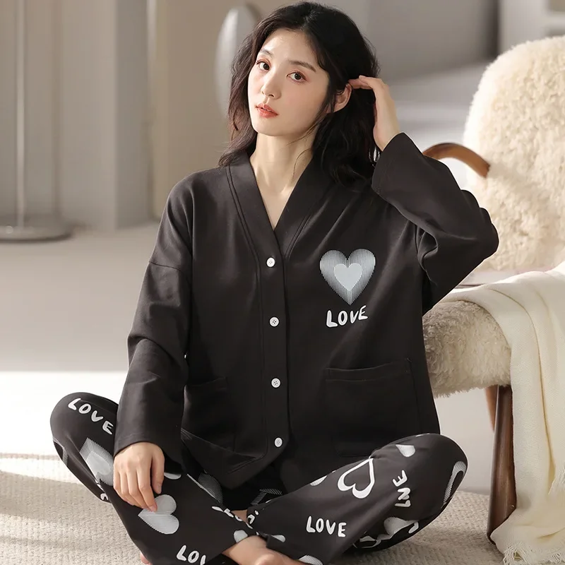Women's 2pcs Cute Bear Print Long Sleeve Button Top and Trouser Sleepwear Soft Comfy Homewear Casual Loungewear Pajama Set