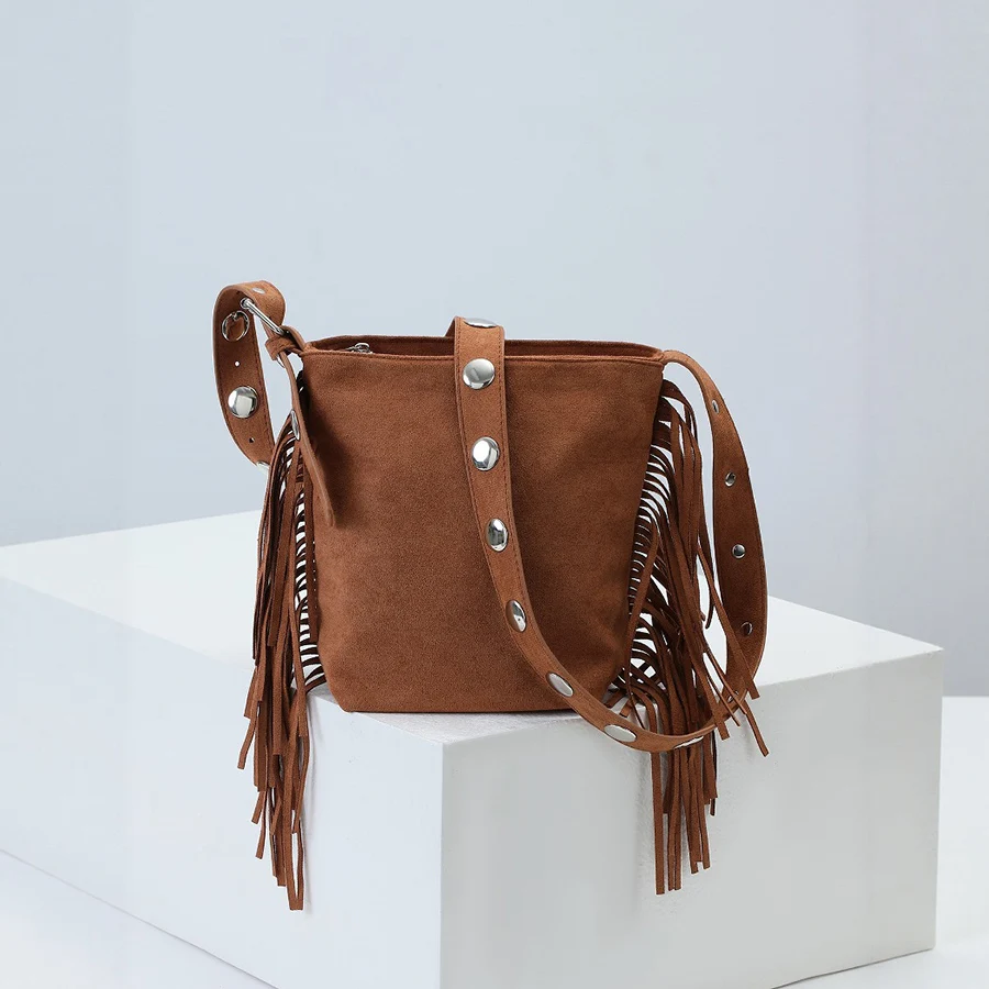 

Faux Suede handbags large riveted personalized design shoulder strap tassel bucket bag crossbody bags for women summer new style
