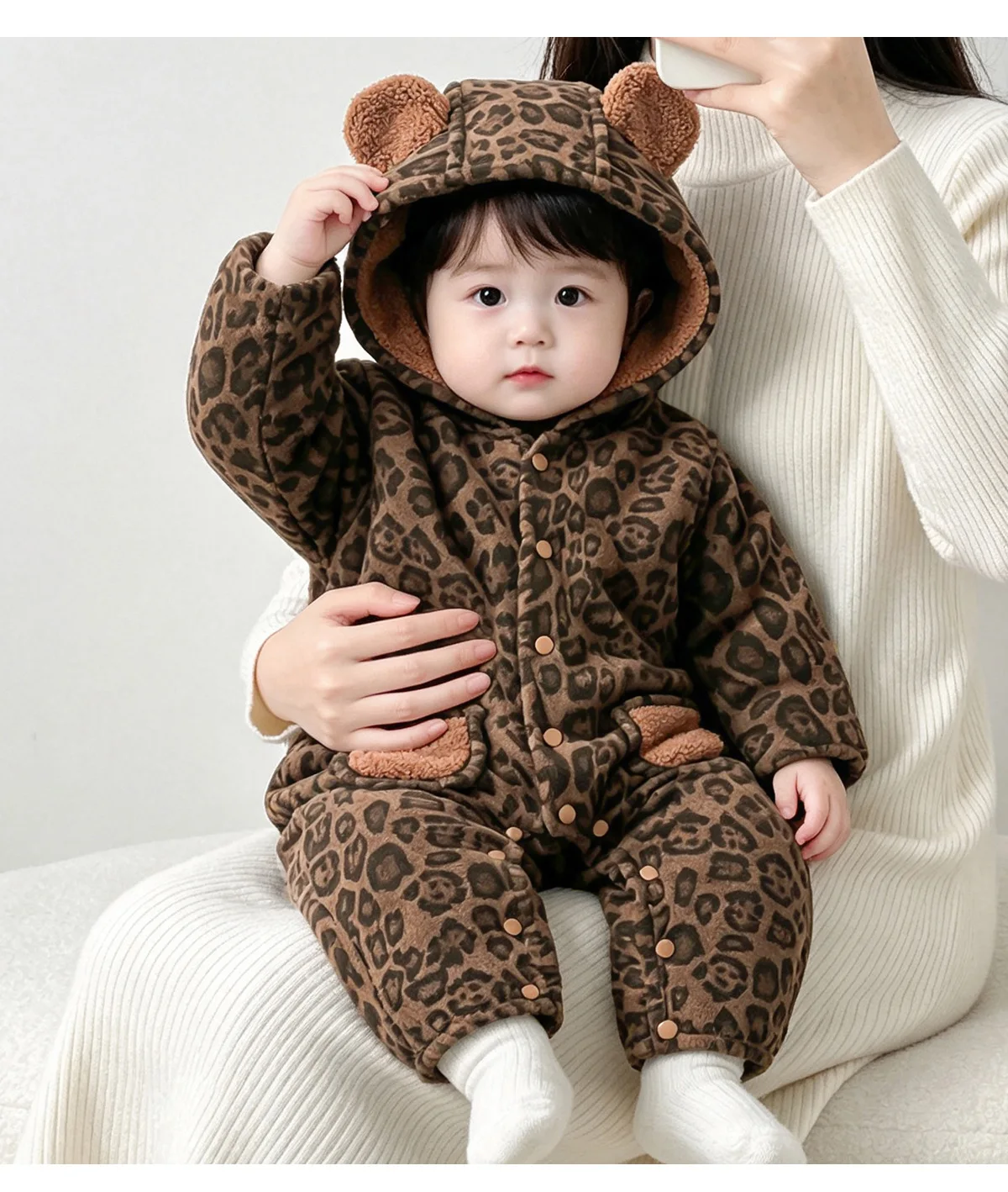 Korean Baby Leopard Jumpsuit Fall Winter Thick Sherpa Outing Wear Infant Hooded Warm Romper Crawler
