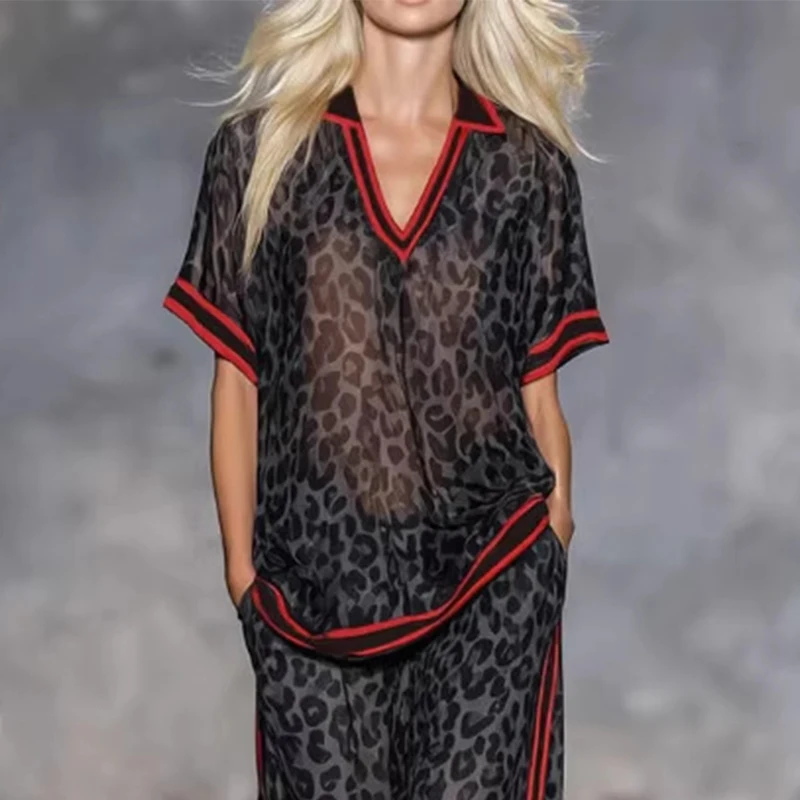 Conjuntos Casuales de Verano para Mujer, Estampado de Leopardo, Rayas en Contraste de Color, Conjunto de Dos Piezas para Mujer, Top de Manga Corta y Pantalones Anchos