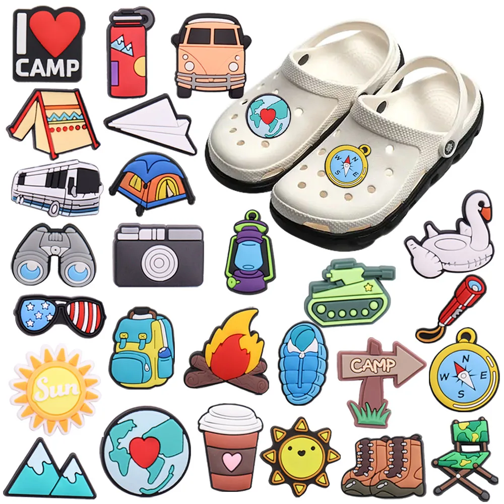 Mix 50PCS PVC Shoe Charms Fire Bus Camp Telescope Chair Flashlight Sleeping Bag Buckle Clog Garden Shoes Button Decorations