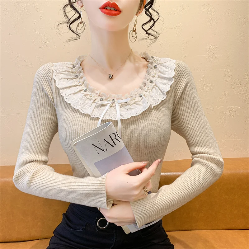 

Элегантный облегающий вязаный свитер с воротником-рюшами и бусинами для женщин, осенне-зимний, в корейском стиле, базовый топ