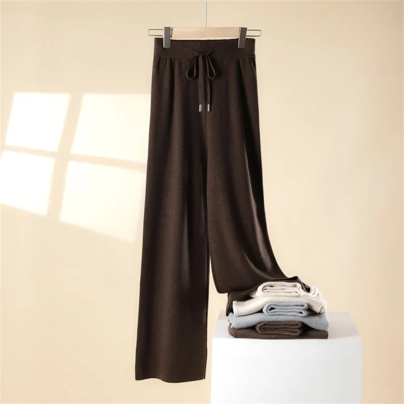 Autumn Winter 2025 New Fashion High Quality Wool Loose Knit Wide Leg Drop Straight Trousers Cashmere Woolen Elastic waist pants