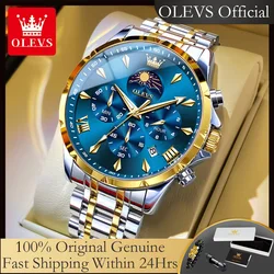 OLEVS 3653 Original Quartz Watch for Men New 7 Hands Multifunction Steel Strap Chronograph Moon Phase Waterproof Man Wrist Watch