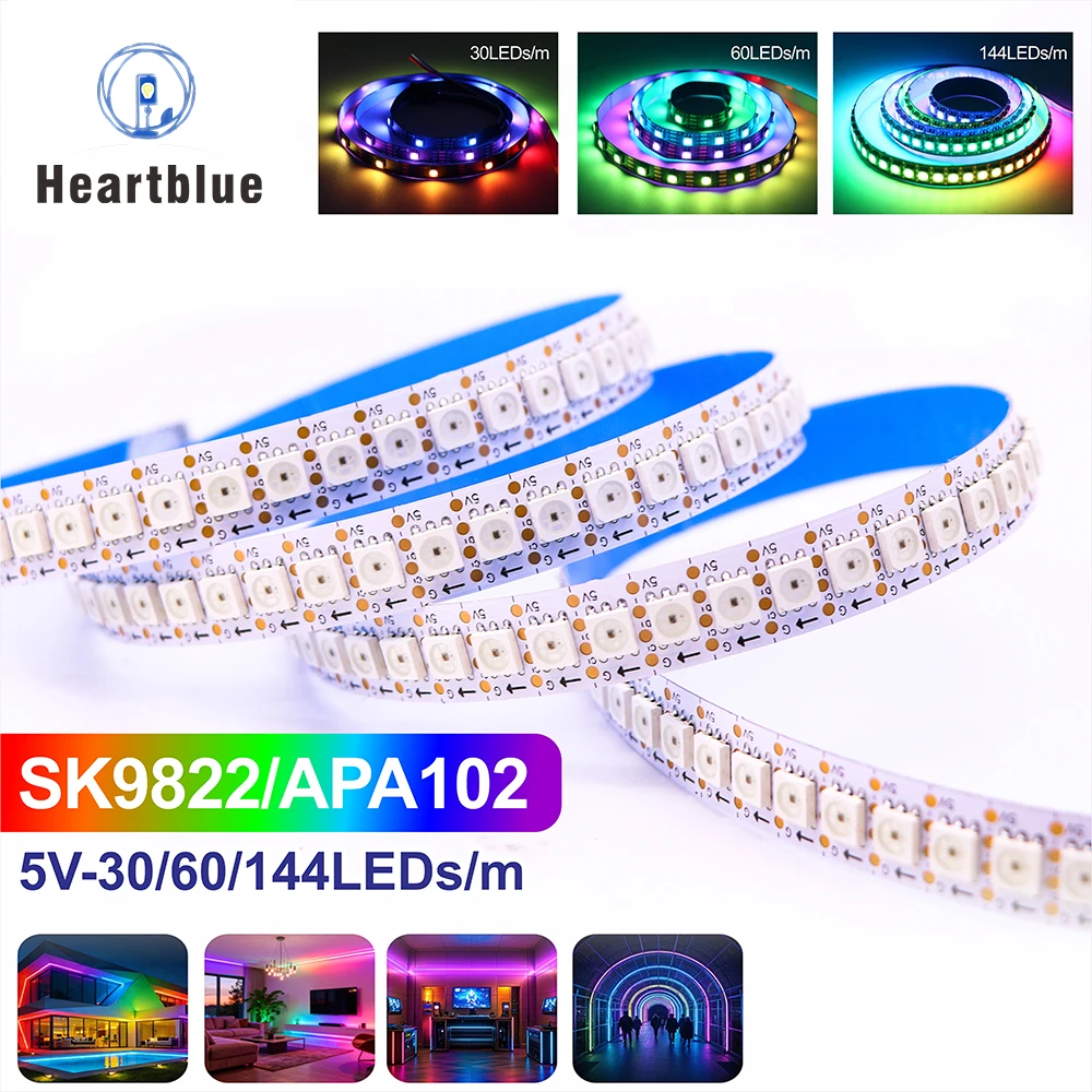 SK9822 RGB LED Strip Similar APA102 DC5V Individually Addressable Separate Data Clock 30/60/144LEDs/M Waterproof LED Light Strip