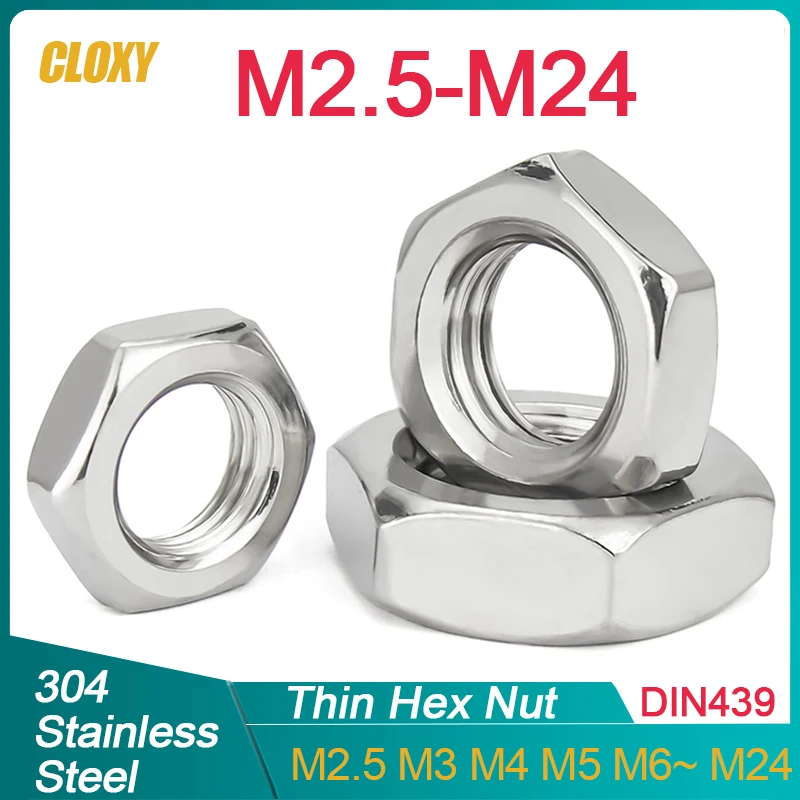 DIN439 304 Stainless Steel Flat Hex Hexagon Nut Thin Jam Nut M2.5 M3 M4 M5 M6 M8 M10 M12 M14 M16 M18 M20 M22 M24