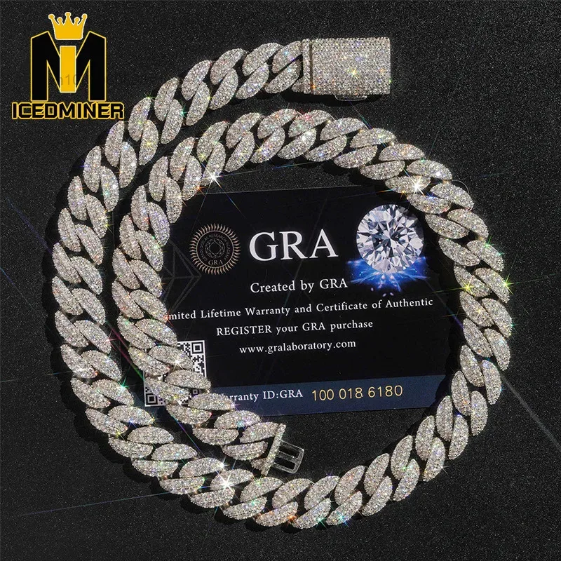 

12mm New Moissanite Cuban Necklaces Pass Tester Chain Hip Hop Jewelry S925 Silver Iced Out Cuban Link Chain Necklaces for Men