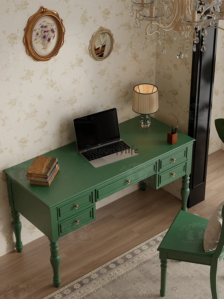 yj5 Vintage Style Two-in-One Office Desk Solid Wood Computer Living Room Writing Desk Simple Home Use