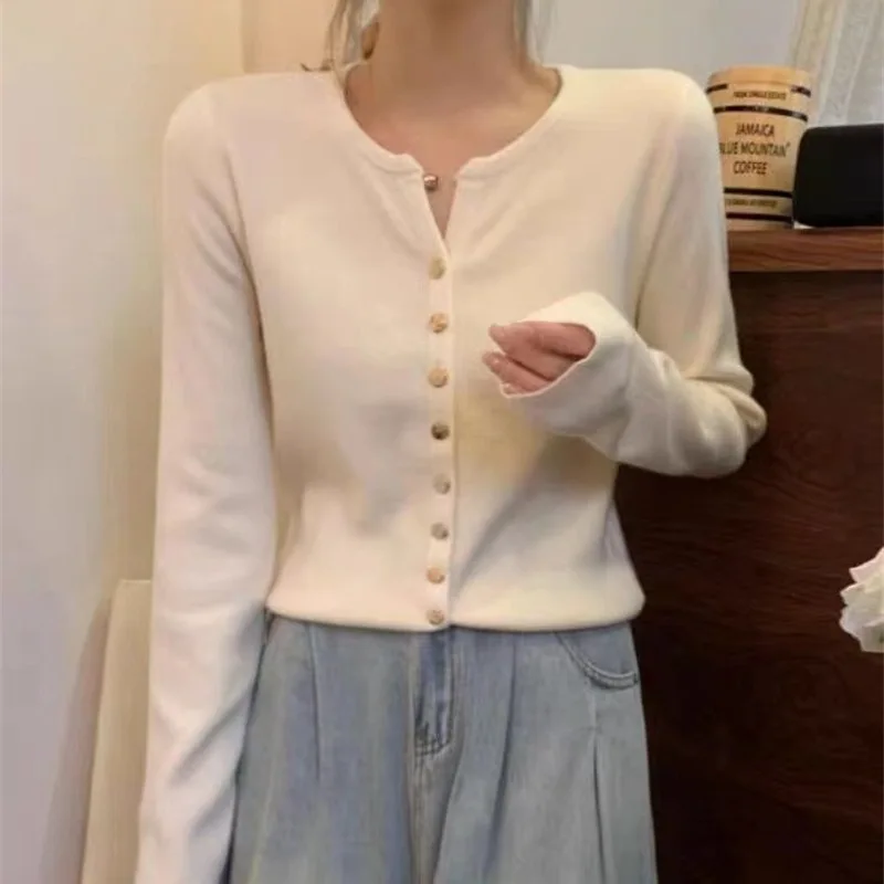 

Women Fall Korean Fashion Vintage Clothes Cropped Sweaters Women Long Sleeve Top Knitted Button Up Brown E2566