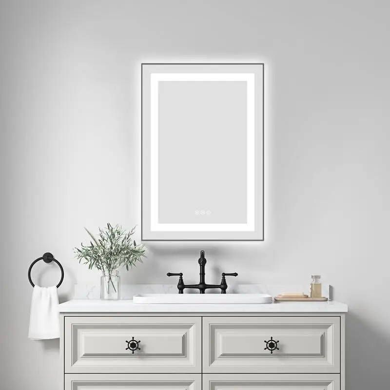 

20"x30" LED Bathroom Mirror, Wall-Mounted Vanity Mirror with Aluminum Frame, Anti-Fog Feature, Memory Function, 3 Color