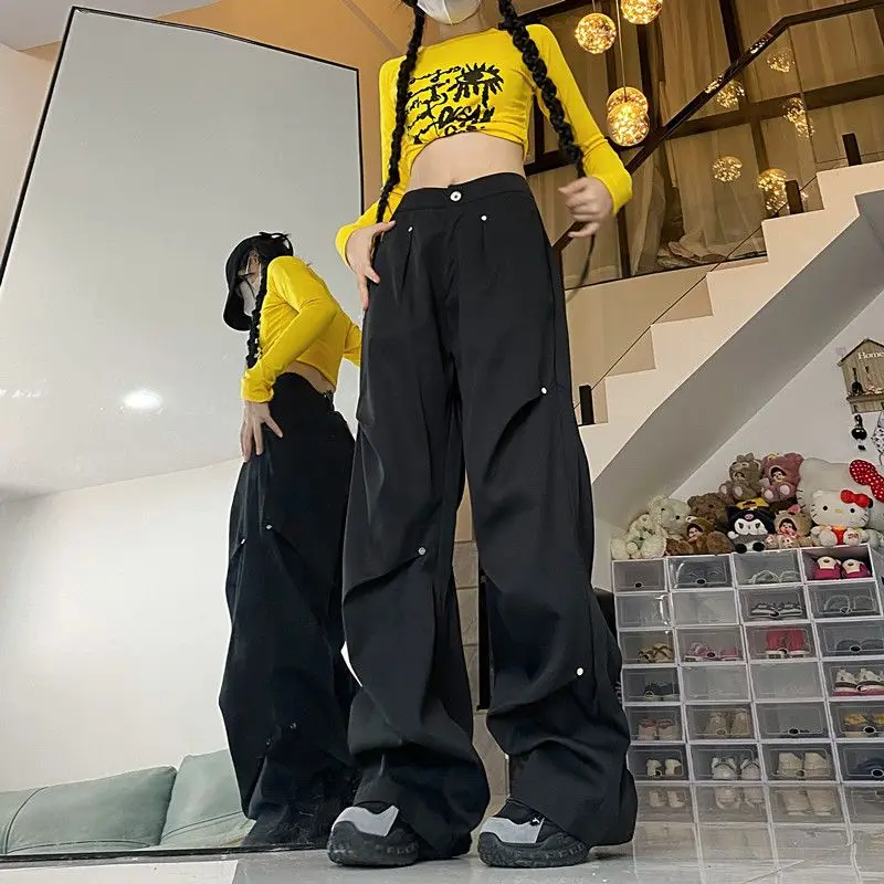 

2026 Summer Women's Rivet Cargo Pants American Streetwear High Waist Baggy Wide Leg Long Trousers Loose Fit Floor Length