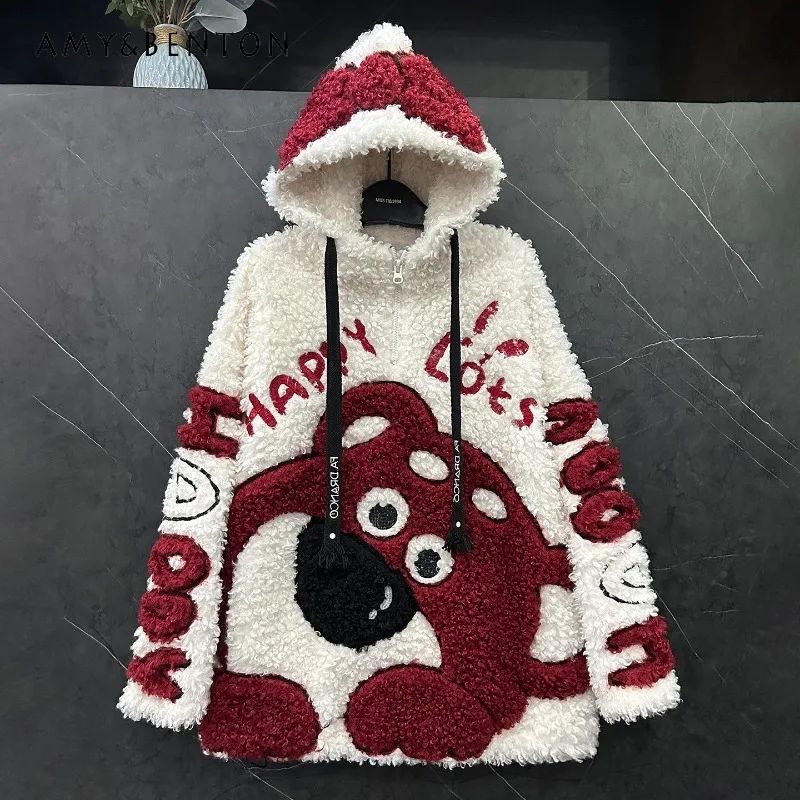 2025 Autumn Winter Heavy Industry Cartoon Lamb Wool Hooded Sweatshirt Jacket For Women's Loose Sweet Y2k Style Top Zipper Coat