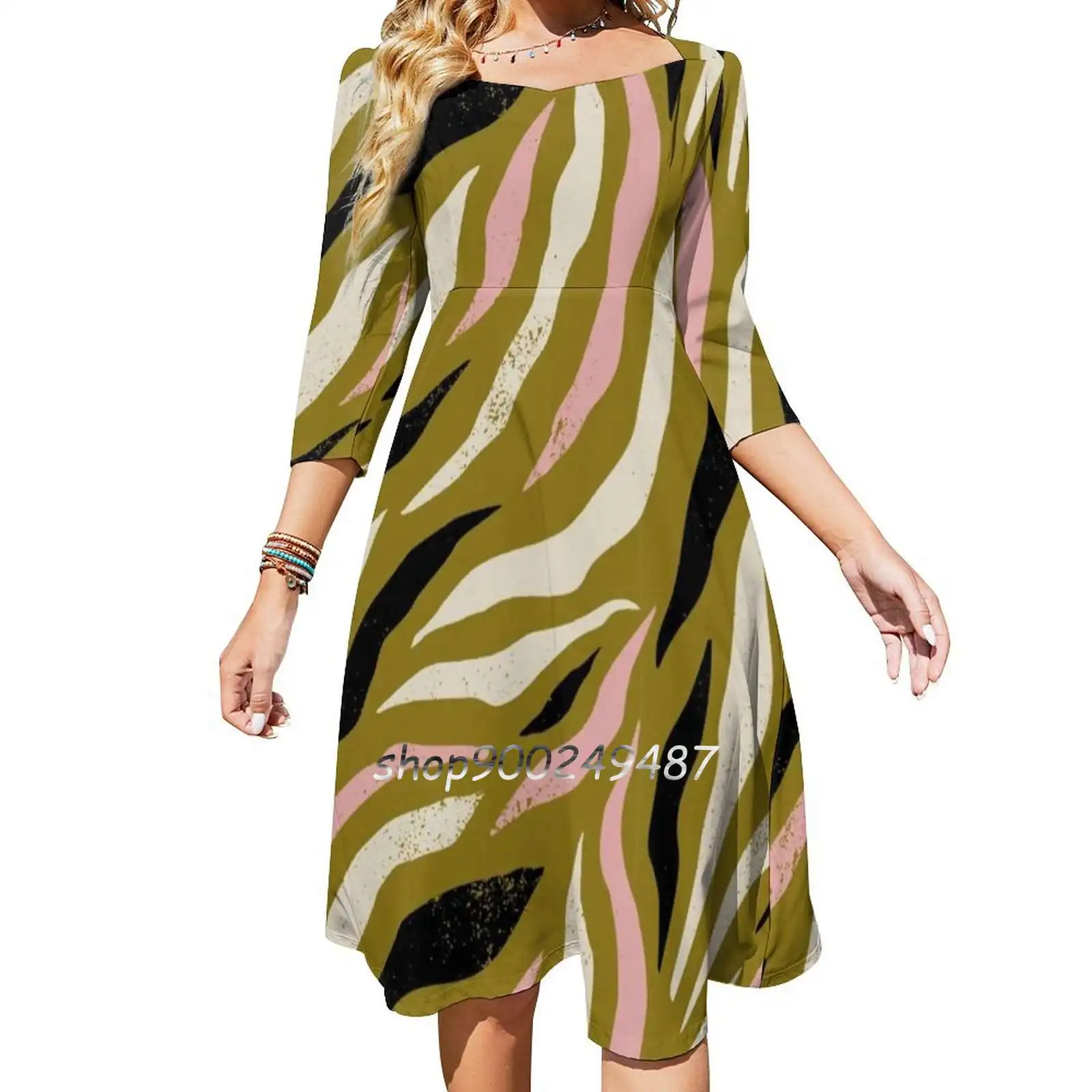 Background With Colorful Zebra Skin Pattern. Trendy Hand Square Neck Dress New Plus Size Elegant Women Waist Tight Dress