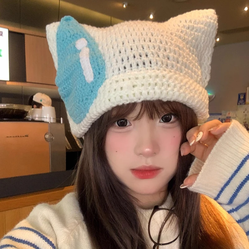 

Ins новые милые и забавные вязаные шапки ручной работы Y2K, осенне-зимние повседневные теплые универсальные пуловеры с защитой ушей