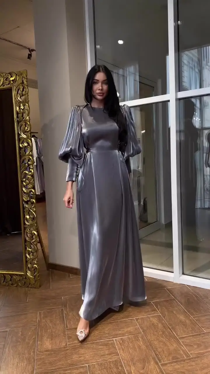 New Elegant Satin Luxury Lantern Sleeve Party Evening Dresses for Women Fashion Long Sleeve Gray Robe Dubai Abaya Morocco Maxi