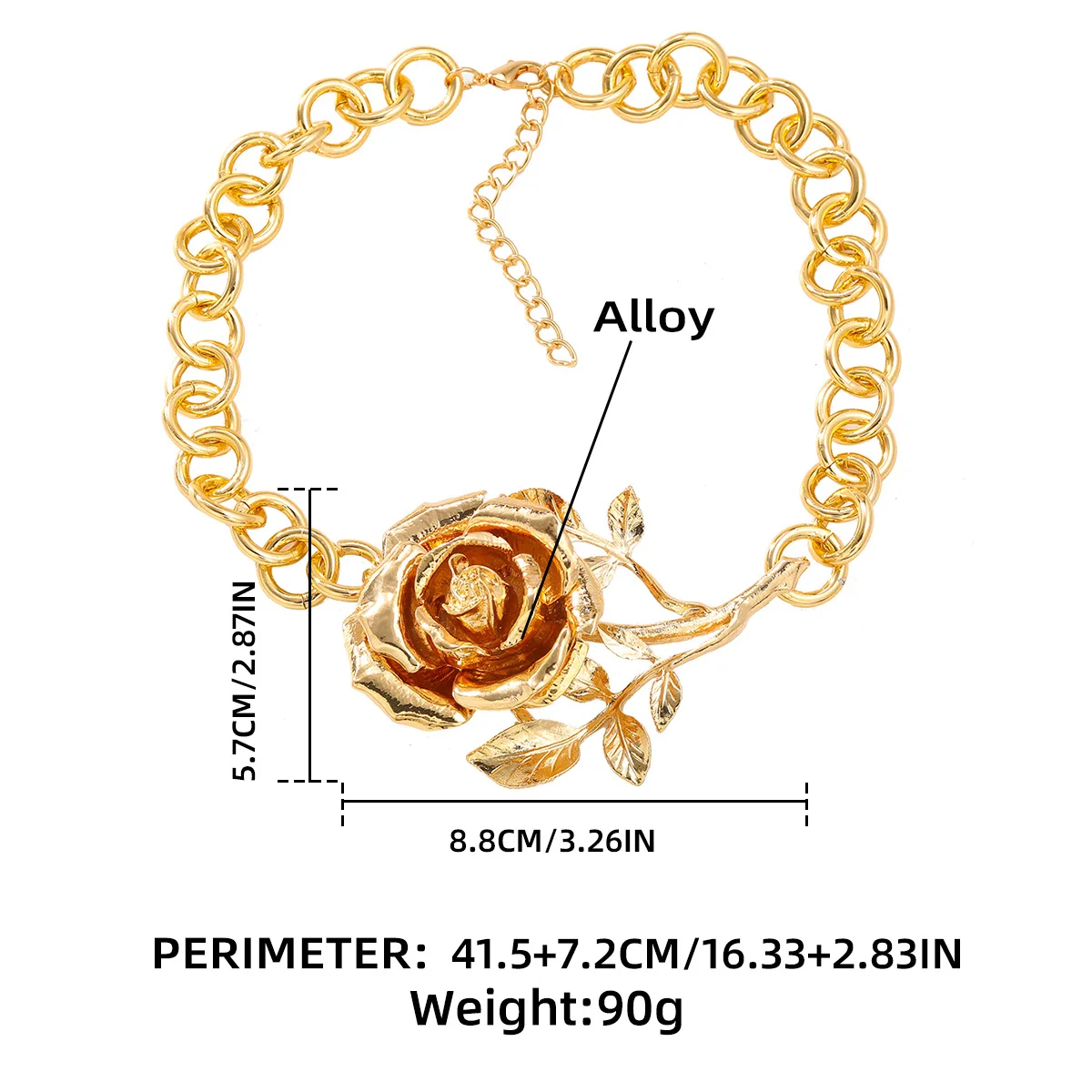 HUANZHI Rose Pendant Flower Alloy Exaggerated Chunky Necklace for Women Girls Vintage Elegant Fashion Jewelry Gifts 2024 New