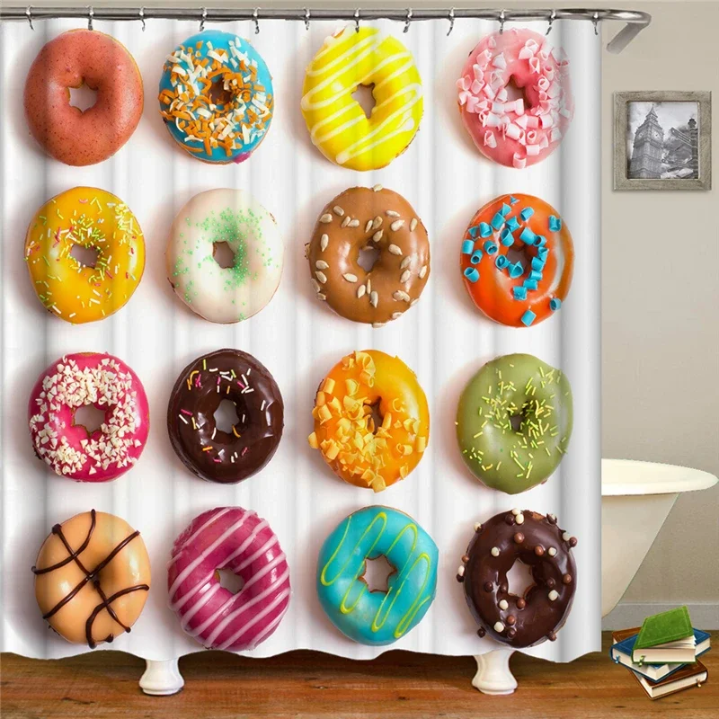 Cortina de ducha de diseño especial de Donut colorido, conjunto de baño de tela de poliéster impermeable 3D, gancho de cortina, decoración moderna para baño