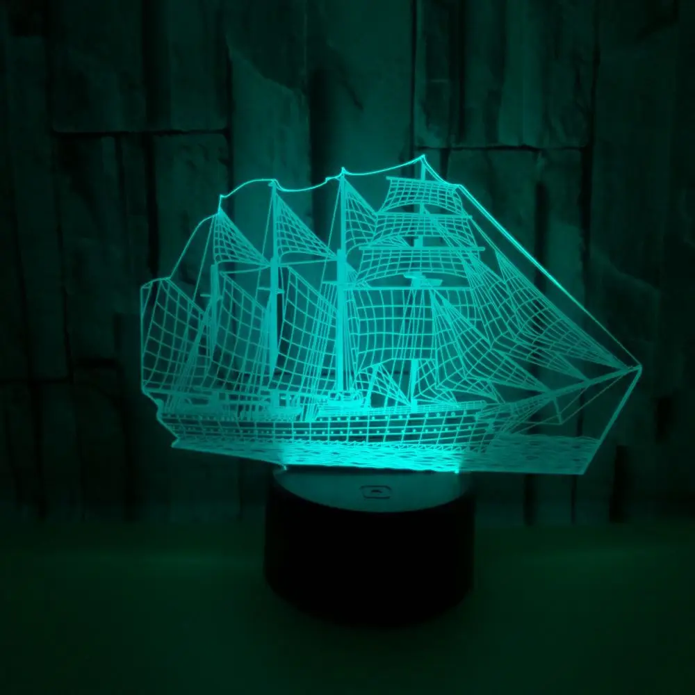 Retro Ancient Sailing Sea Boat Ship LED Lamp Chinese Style 7 Color Changing 3D Illusion Night Light USB Home Decor Kids Gift