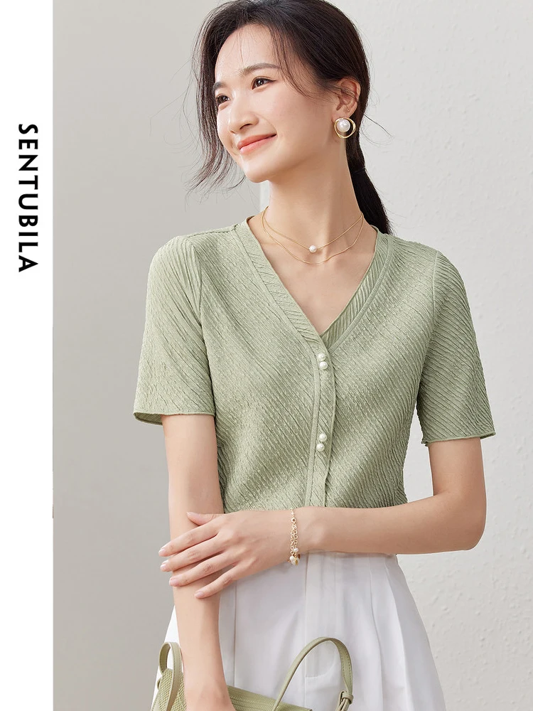 SENTUBILA Summer Knitted Tops Thin Sweater for Women 2024 Elegant Chic V Neck Short Sleeve T Shirts Female Knitwear 132T48077