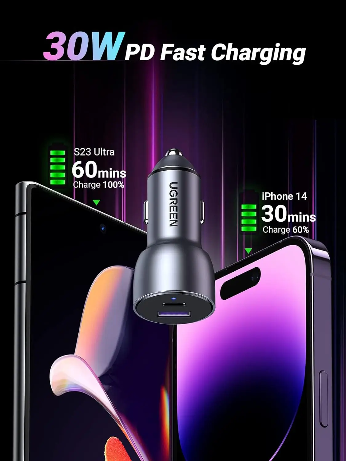 UGREEN USB C 차량용 충전기, 52.5W 타입 C 차량용 충전기 PD 30W&QC 18W, 고속 차량용 충전 어댑터