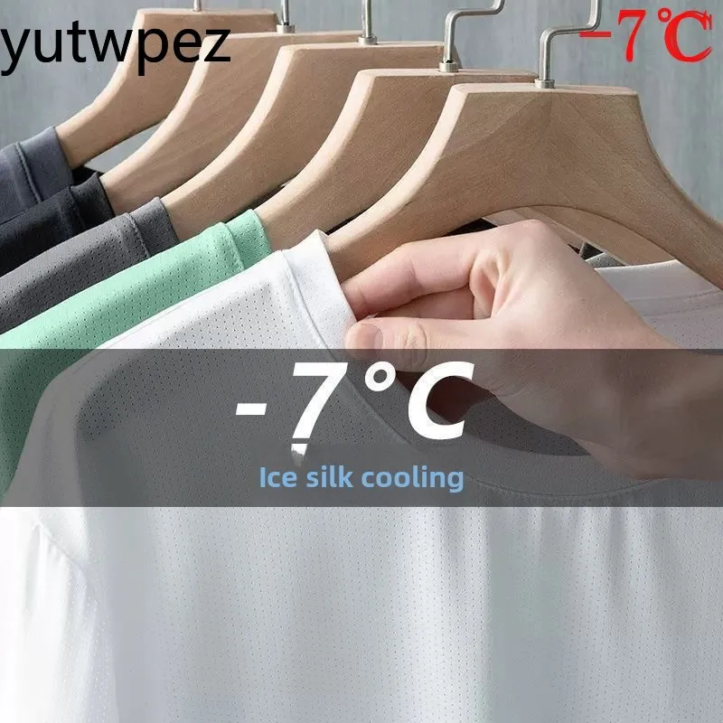 Outdoor 5XL Summer Ice Silk Men T Shirt Short Sleeve Round Neck Breathable Thin Sport Running Quick Drying Tees Soft Elasticity