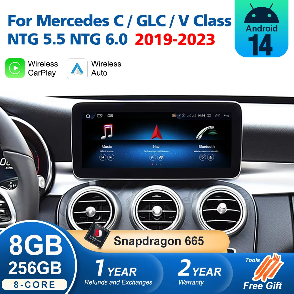 Android 14 Wireless CarPlay For Mercedes C GLC V W205 X253 W447 NTG 5.5 NTG 6.0 2019-2023 Radio Auto Multimedia Player Screen