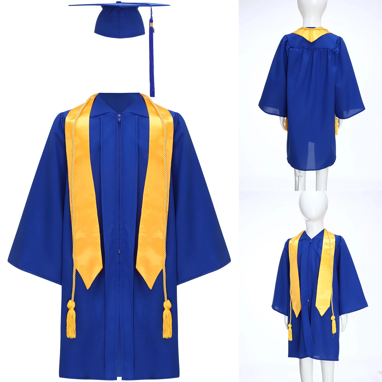 Vestido de graduación escolar para niños y niñas, conjunto de uniforme de diploma de maternidad preescolar con insignia y borla, faja de graduación