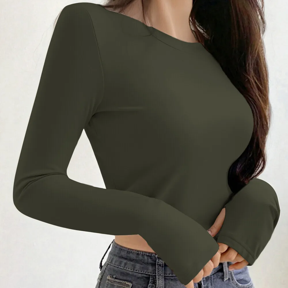 Mia Muse Women's Tight T-shirt Slim Fit Long Sleeve Round Neck Solid Autumn Casual Basic Tops image 3
