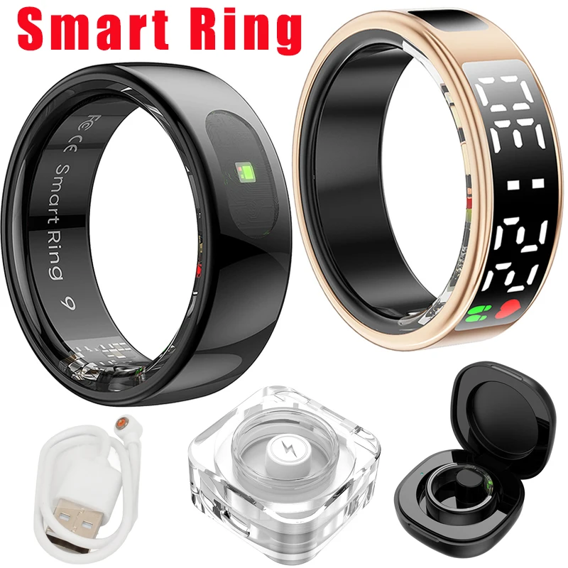 

Смарт-кольцо с экраном дисплея и сенсорным экраном, беспроводная зарядка, монитор точки сердечного ритма и кислорода в крови, 5 атм для мужчин и женщин