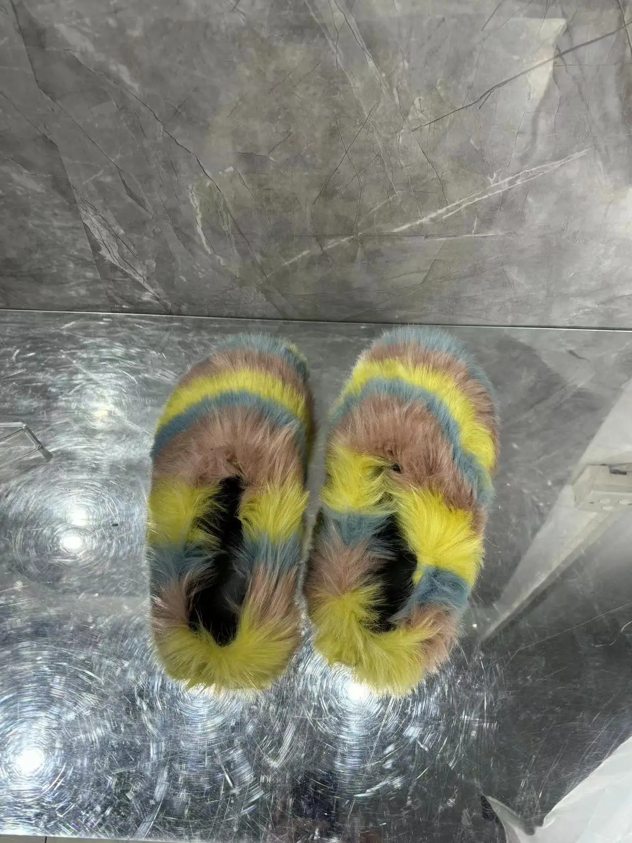 Warmful Fake Fur Woman Men\'s Autumn Winter Mules Shoes Comfortable Slip On Full Back Round Toe Male Stripe Print Slippers Shoes