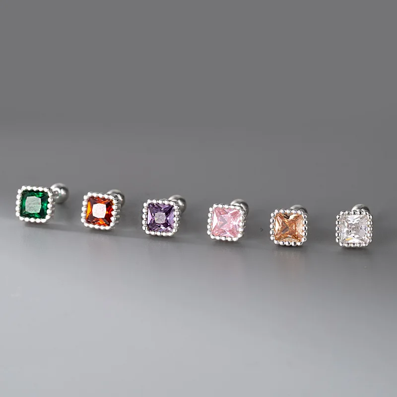 

999 sterling silver square colored diamond screw earrings small and exquisite nourish ear holes for girl