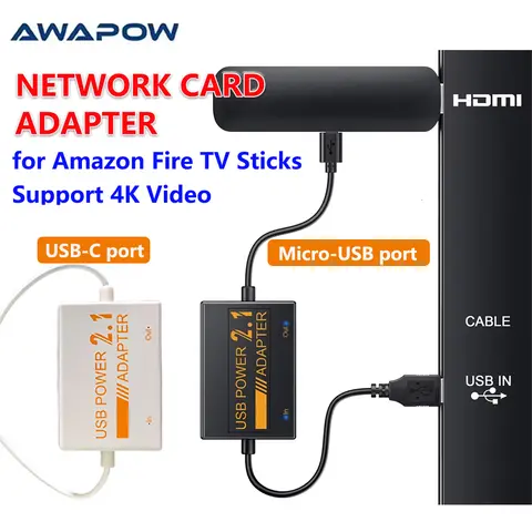 Awapow Netwerkkaart Adapter voor Fire TV Sticks Firestick Adapter Ondersteuning 4K Video 1800mAh Batterij Voeding USB voedingskabel