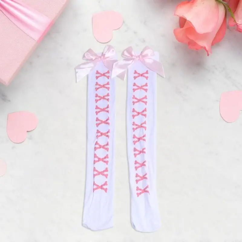 195E 할로윈 Bowknot 양말 여성용 허벅지 높은 양말 해골 인쇄 고딕 무릎 스타킹 이상 코스프레 의상 액세서리