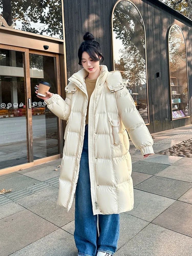 

Women's Winter Down Jacket Pure-colour Hooded Parker Coat Loose Thickened White Duck Down Jacket Elegant and Sweet Women's Coat