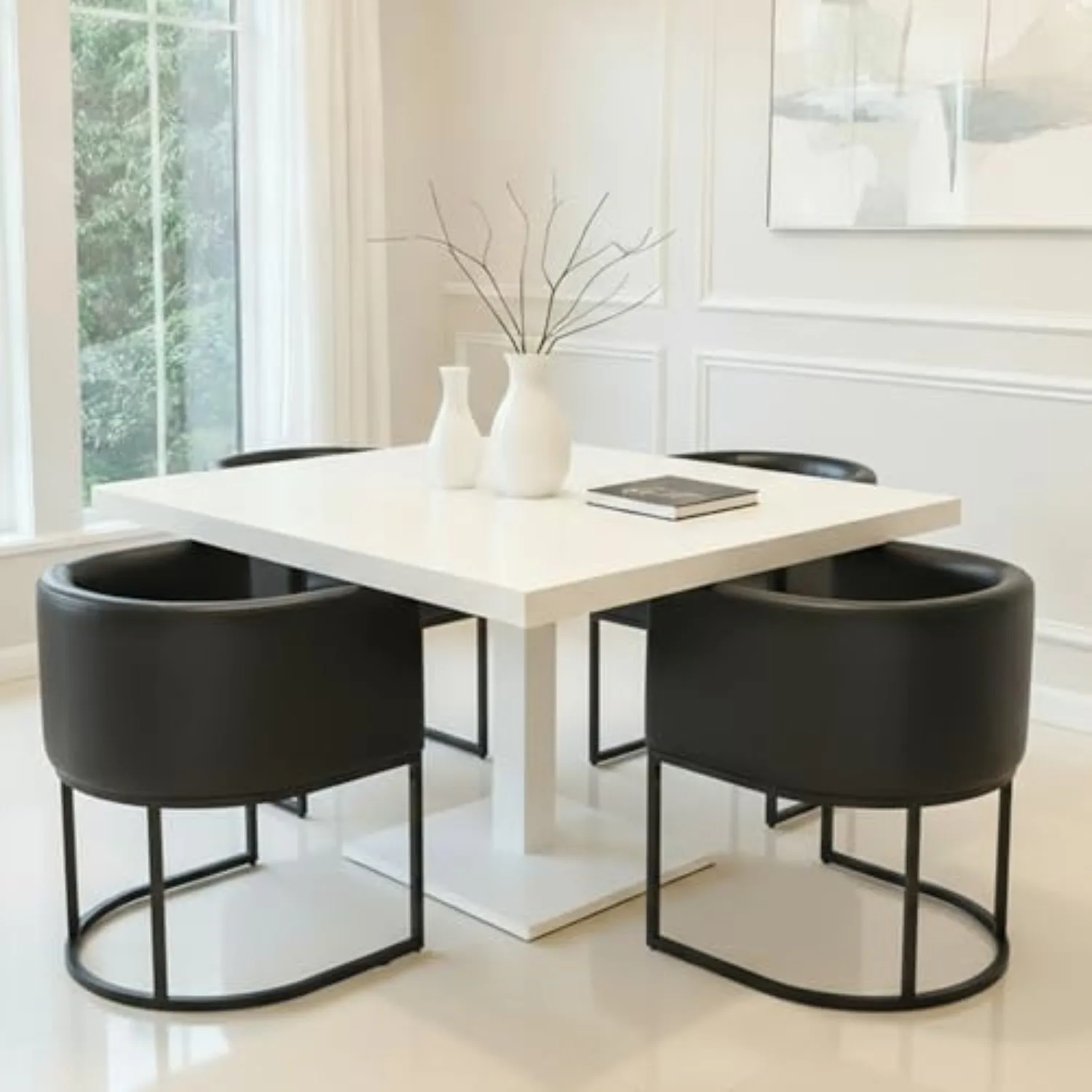 Mid Century Modern Upholstered Barrel Black Dining Chair with Arms, Leather Kitchen & Dining Room Chair, 18.5" Wide view 4