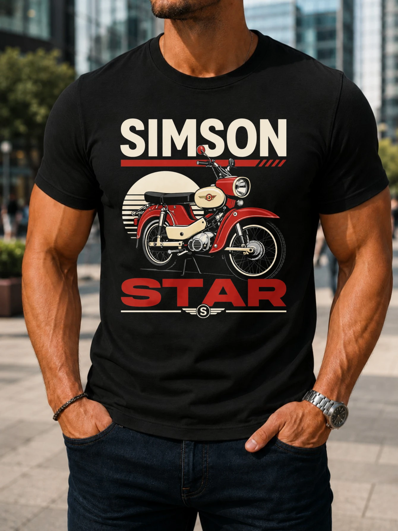 Simson Star Red Motorcycle Classic Moped with Distressed Brush Strokes and Paint Splatter Grunge  Unisex All T-Shirt