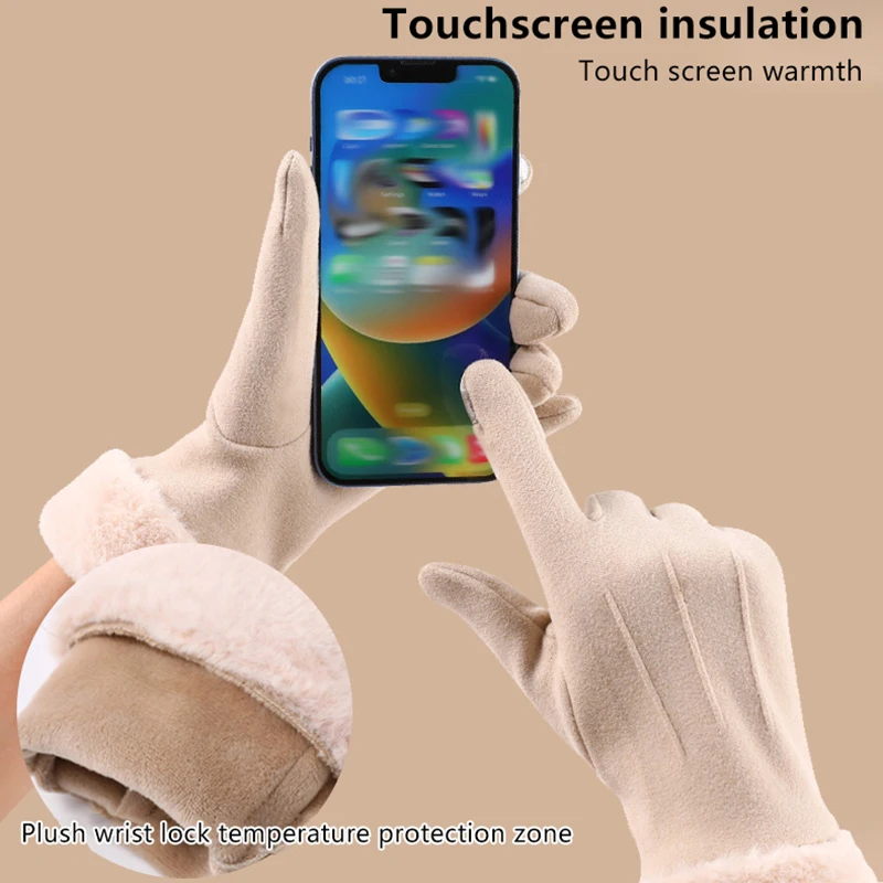 

Перчатки ST Plus с плюшевой подкладкой и декоративными манжетами, осенне-зимние теплые замшевые перчатки, уличные морозостойкие перчатки для езды на лыжах с сенсорным экраном